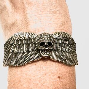 Silver Winged Rhinestone Skull Cuff Bracelet, Vintage, Statement, Skull Jewelry